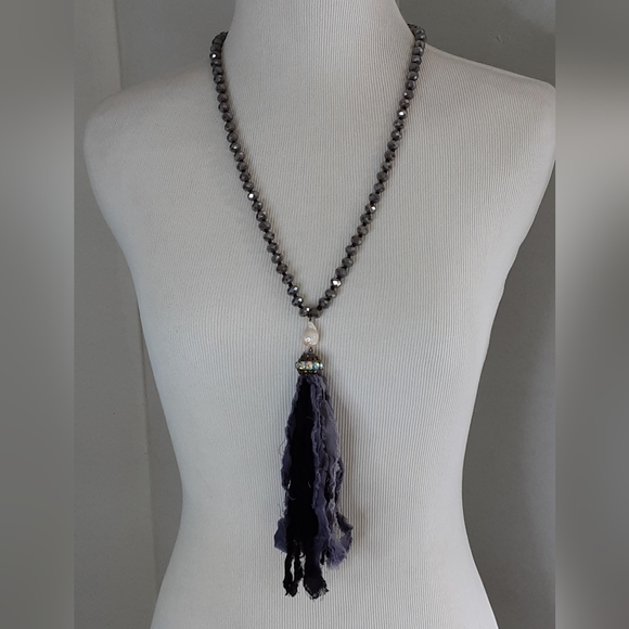 Faucet Crystal Rondelle Baroque Pearl AB Crystal Fabric Tassel Long Necklace 48" - Picture 2 of 11